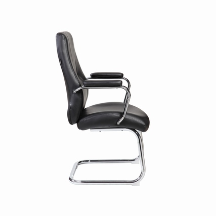 Besucherstuhl mit ergonomischer Lehne und armlehnen, seitliche Ansicht in schwarz und silber.