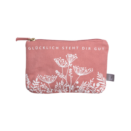 Rosa Kosmetiktasche mit Blumenmuster und dem Schriftzug "GLÜCKLICH STEHT DIR GUT".