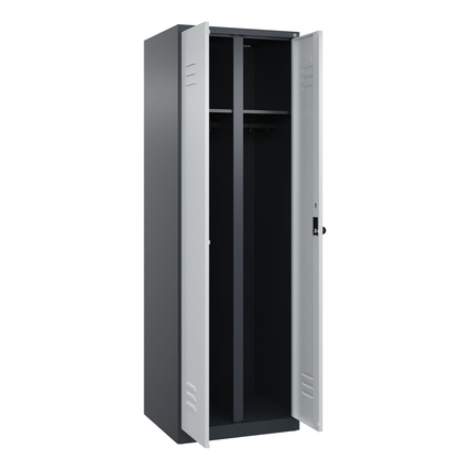 Kleiderspind Classic PLUS mit offenen Türen und Innenansicht von Ablageboden und Garderobenstange.