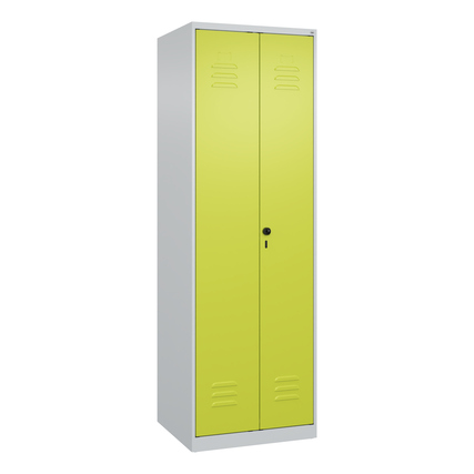Kleiderschrank in lichtgrau mit clowngrünen Türen, für die getrennte Aufbewahrung von Kleidung.