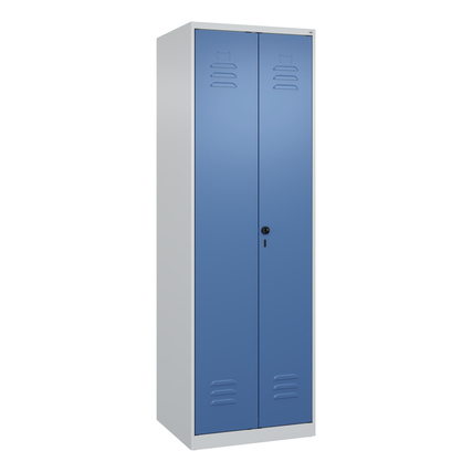 Lichtgrauer Kleiderschrank mit blauen Türen und Lüftungsschlitzen, für eine Person.