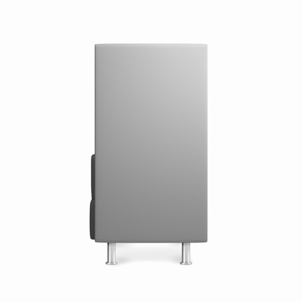 Rückansicht einer modularen Sitzbank mit grauem Bezug und silbernen Beinen.