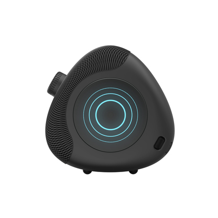 Dreieckiger Bluetooth-Lautsprecher in schwarzer Farbe mit leuchtendem Lautstärkering.