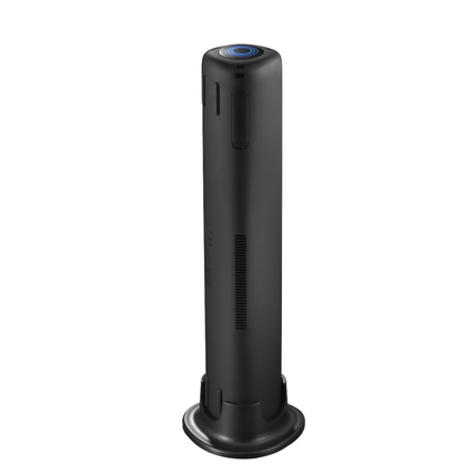 Schwarzer, zylindrischer Bluetooth-Lautsprecher mit runder Oberseite und stabiler Basis.