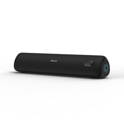 Schwarzer Bluetooth-Lautsprecher in länglicher Form mit leicht herausstehendem Bedienfeld.