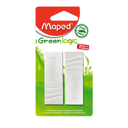 Zwei ergonomisch geformte Radierer in Verpackung, Produktbeschreibung in mehreren Sprachen.