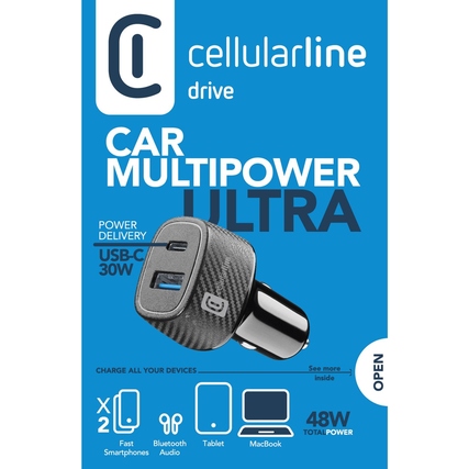 Kfz-Ladegerät mit zwei USB-Anschlüssen und 30W Power Delivery für das Auto.