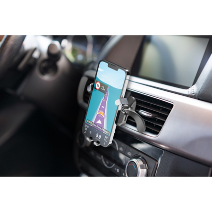 Smartphone-Halterung für das Auto, montiert an einem Lüftungsgitter mit einem Bildschirmdisplay.