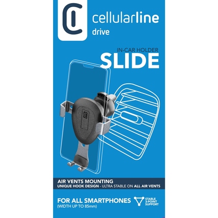 Auto-Halterung SLIDE für Smartphones mit einfahrbarem Design und Montage an Lüftungsschlitzen.