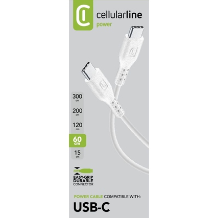 USB-C-Kabel mit Stecker an beiden Enden, auf Verpackung in weißer Farbe abgebildet.