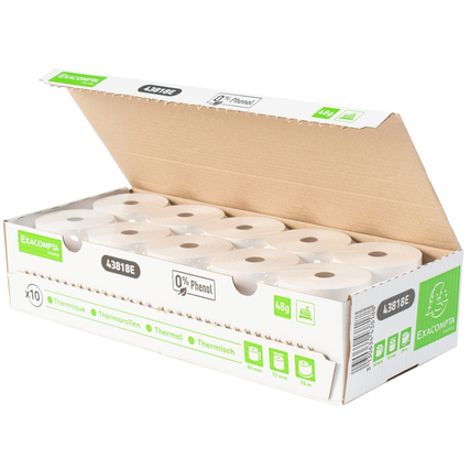Thermokassenrollen in einer offenen Verpackung mit zehn Rollen, die das Produkt zeigen.