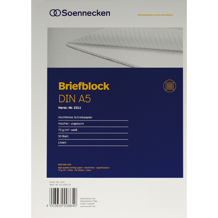 Liniert A5 Briefblock auf weißem Papier mit blauem Umschlag und Produktinformationen.