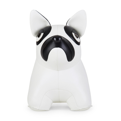 Türstopper in Form einer Französischen Bulldogge, überwiegend weiß mit schwarzen Akzenten.