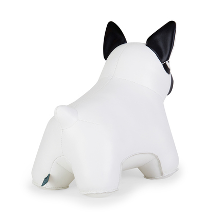 Türstopper in Form einer weißen Französischen Bulldogge, Rückansicht.