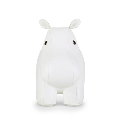 Weißer Hippo-Design-Buchstütze mit Augen und Ohren, frontal abgebildet.