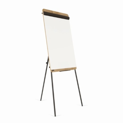Stativ-Flipchart mit Holzoptik in Eiche, auf einem klassischen Dreibeinmodell stehend.