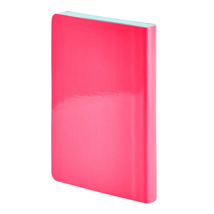 Neonpinker Einband eines punktkarierten Notizbuchs mit glänzender Oberfläche.