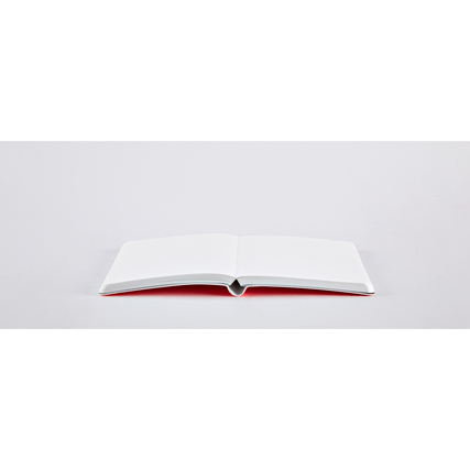 Offenes, punktkariertes Notizbuch in neonpink mit rotem Cover und weißem Innenteil.