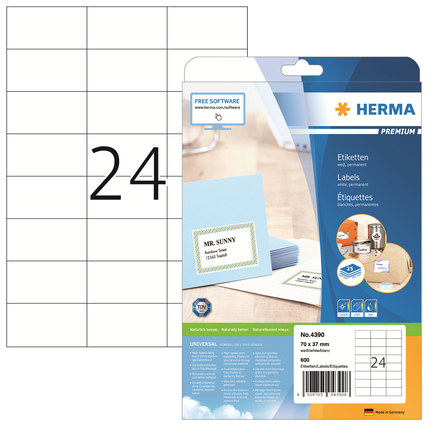Produktpackung von HERMA Universaletiketten mit Übersicht der Etikettenanordnung.