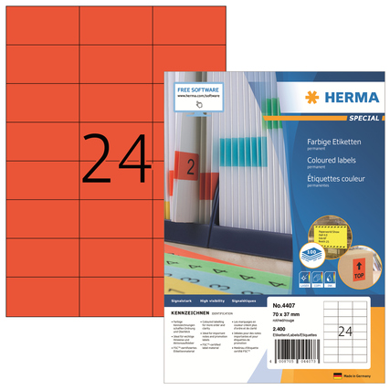 Rote Universaletiketten in 70 x 37 mm Größe, angeordnet in einem Blatt mit 24 Etiketten.