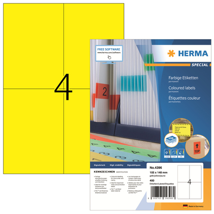 Gelbe Universaletiketten, 105 x 148 mm, auf Verpackung mit Druckinformationen und Softwarehinweis.
