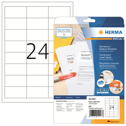 Weißes Blatt mit 24 etikettierbaren Feldern und Verpackung des HERMA Universaletiketts.