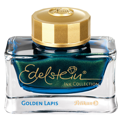 Glasflasche mit blauer Tinte und goldfarbenem Deckel, Beschriftung "Edelstein Golden Lapis".