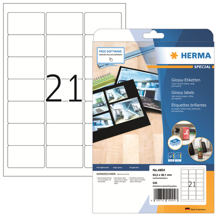 A4-Blatt mit 21 glänzenden Universaletiketten, verpackt in einer blauen und weißen Folie.