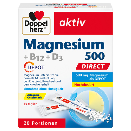 Packung von Doppelherz aktiv Magnesium 500 + B12 + D3 mit 20 Portionsbeuteln.