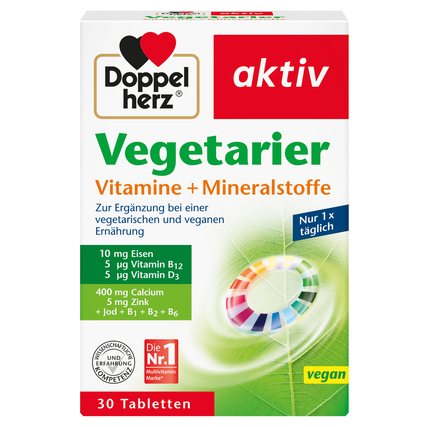 Verpackung des Nahrungsergänzungsmittels mit Vitaminen und Mineralstoffen für Vegetarier.