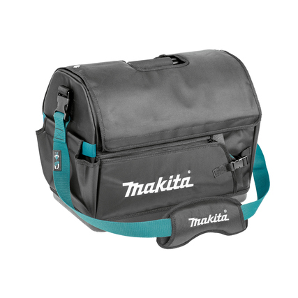 Schwarze Werkzeugtasche mit abnehmbarer Haube, mehreren Fächern und stabilen Griff.