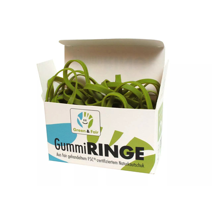 Grüne Gummiringe in einer Verpackung mit dem Schriftzug "GummiRINGE Green & Fair".