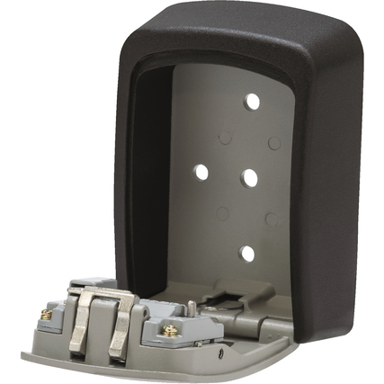 Geöffnete ABUS Schlüsselbox 707 KeyGarage™ mit Sicht auf die Inneneinheit und Befestigungslöcher.