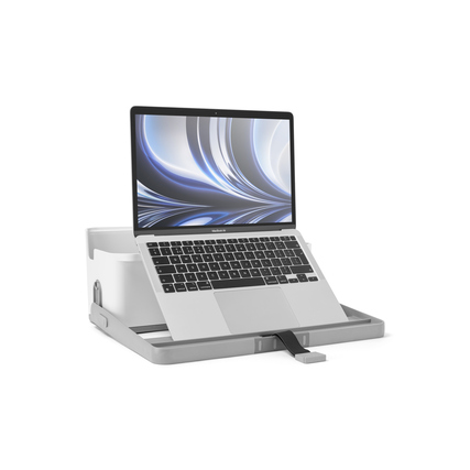 Weißer Schreibtisch-Caddy mit Laptop und Griff, der als Laptop-Erhöhung genutzt werden kann.