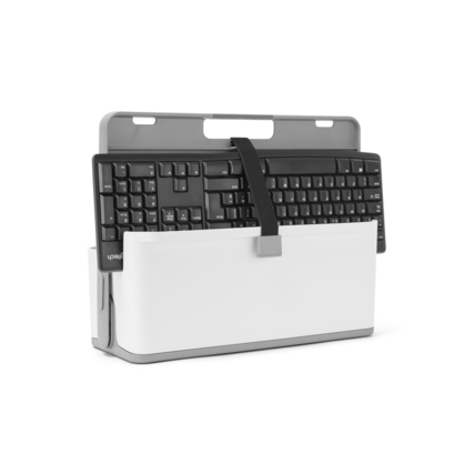 Weiße Organisationsbox mit angebrachter Tastatur und Halteband auf Schreibtisch.