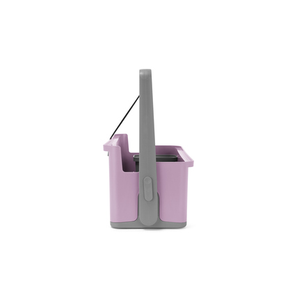 Violette Organisationsbox mit zwei Trennrippen und umwandelbarem Griff, seitliche Ansicht.