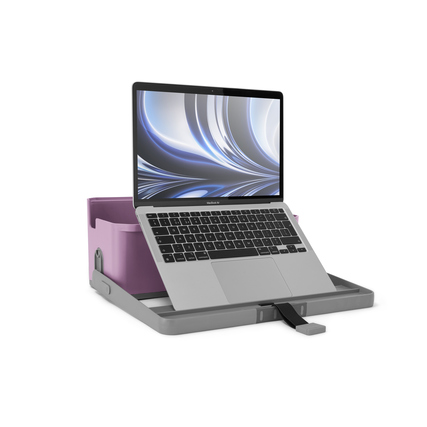 Violette Organisationsbox mit Laptop-Erhöhung und großem Fach, Stiftebehälter ist sichtbar.