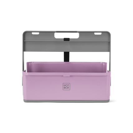 Violette Organisationsbox mit abnehmbarem Griff und zwei Fächern, von vorne sichtbar.