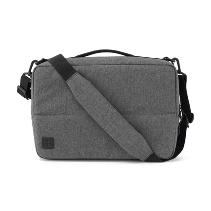 Grau melierter Laptoprucksack mit Schultergurt und Tragegriff.