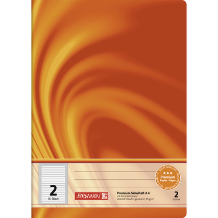 Liniertes Schulheft in DIN A4 mit orangefarbener Hülle und Abschnitt für Beschriftung.