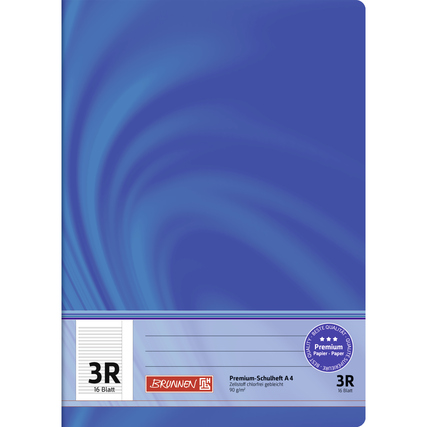 Liniertes Schulheft im Format DIN A4 mit blauem Cover und Rand, 16 Blätter.