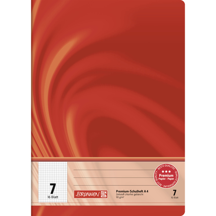 Karierte Rückansicht eines roten Schulhefts im Format DIN A4 mit 16 Blatt.
