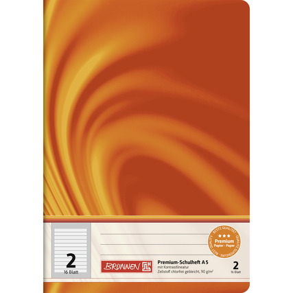 Liniert, orangefarbenes Schulheft im DIN A5-Format mit 16 Blättern.