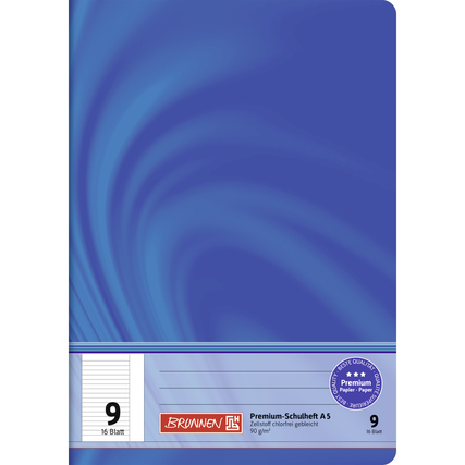 Blaues Schulheft im DIN A5-Format mit linierten Seiten und einem Rand, 16 Blätter.