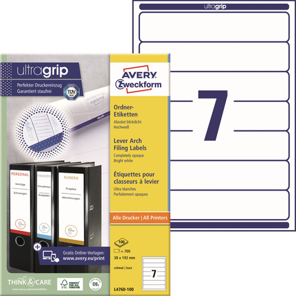 Ordneretikett mit der Bezeichnung 'ultragrip' und Packungsinhalt von 700 Etiketten.