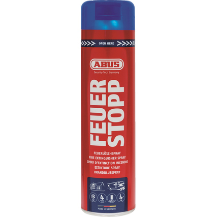 Feuerlöschspray in einer roten Sprühdose mit blauer Oberseite und Sicherheitsanweisungen.