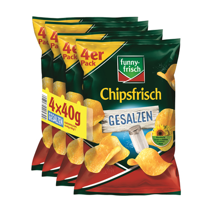 Verpackung von 4 x 40 g gesalzenen Chips in einer Produktabbildung.