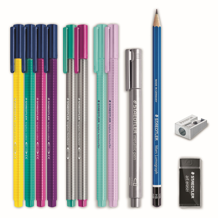 Zeichenset für Hand Lettering mit verschiedenen Stiften, Bleistift und Radierer in einem Etui.