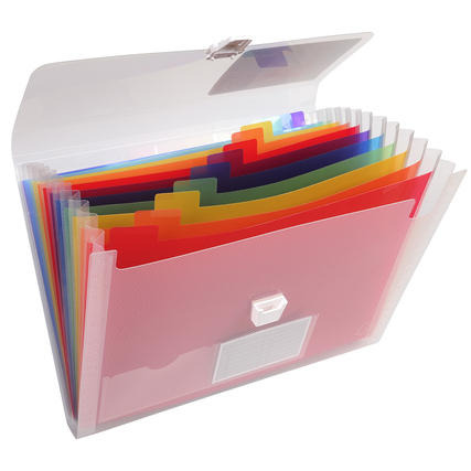 Transparente Fächermappe mit 13 farbigen Fächern und Etikettenhaltern für Dokumentenorganisation.