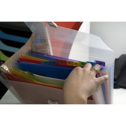 Transparente Fächermappe mit bunten Trennfächern und Etikettenhaltern in Hand gehalten.